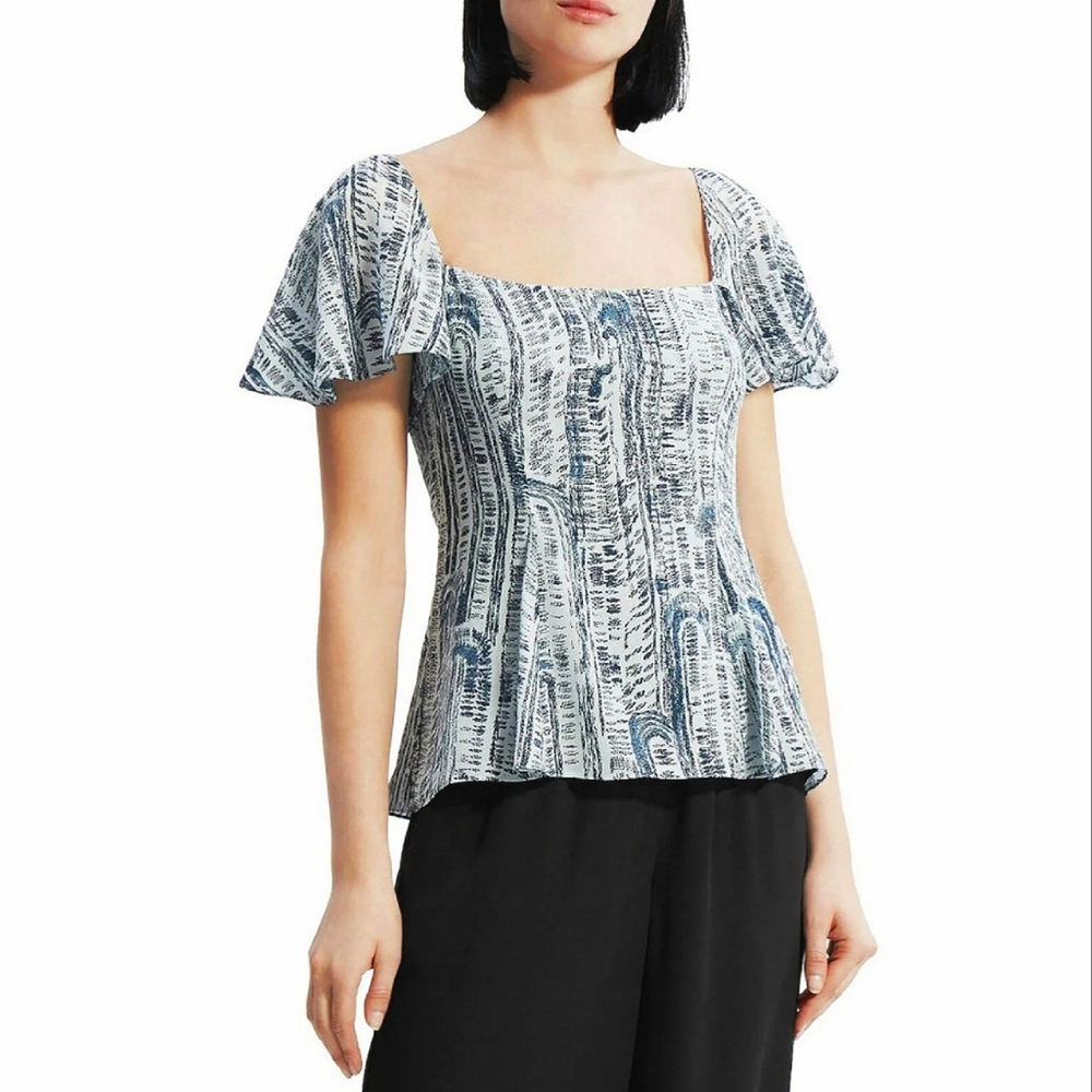 NWT Theory Short-Sleeve Printed Silk Top